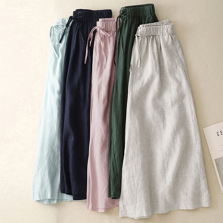 Women Casual Cotton and Linen Cropped Straight Wide-Leg Pants