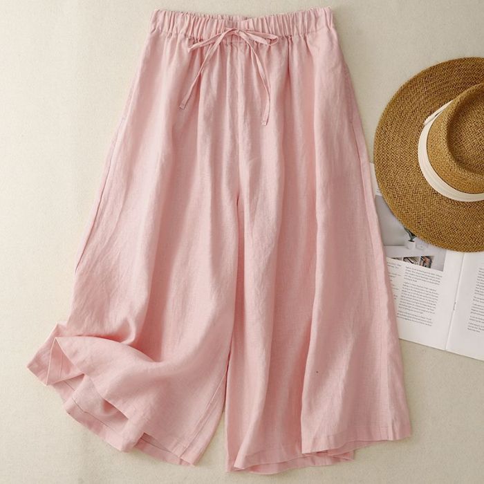 Women Casual Cotton and Linen Cropped Straight Wide-Leg Pants