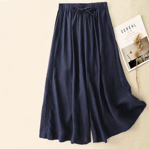 Women Casual Cotton and Linen Cropped Straight Wide-Leg Pants