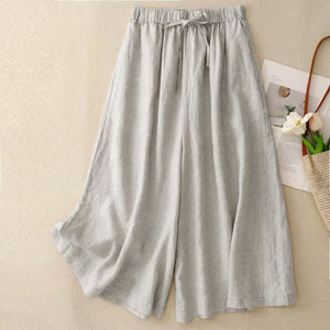 Women Casual Cotton and Linen Cropped Straight Wide-Leg Pants