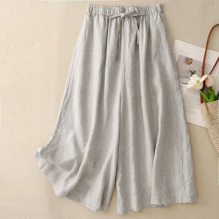 Women Casual Cotton and Linen Cropped Straight Wide-Leg Pants