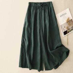 Women Casual Cotton and Linen Cropped Straight Wide-Leg Pants
