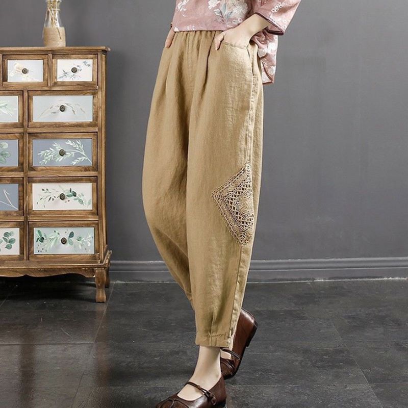 Women Casual Cotton and Linen With Artistic Lace Trim Lantern Harem Pants