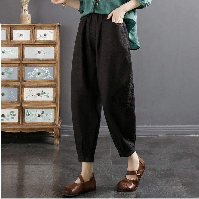 Women Casual Cotton and Linen With Artistic Lace Trim Lantern Harem Pants