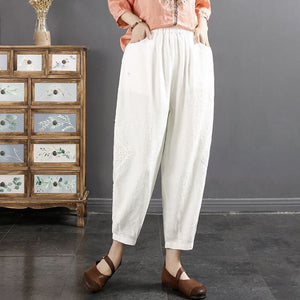 Women Casual Cotton and Linen With Artistic Lace Trim Lantern Harem Pants