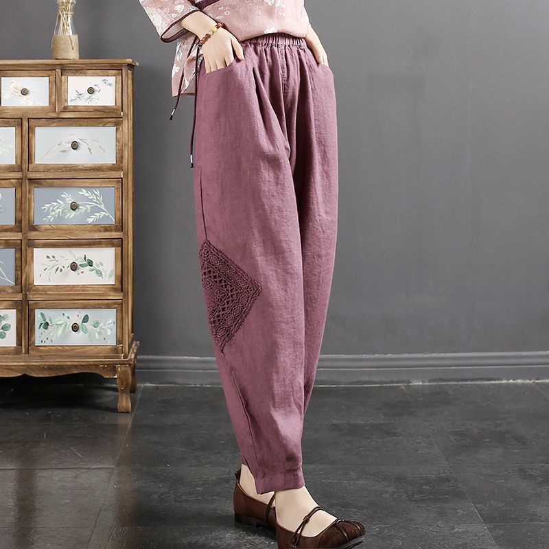 Women Casual Cotton and Linen With Artistic Lace Trim Lantern Harem Pants