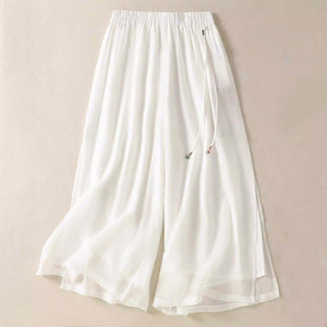 Women Casual Ethnic Style Drapey Cotton and Linen Wide-Leg Pants