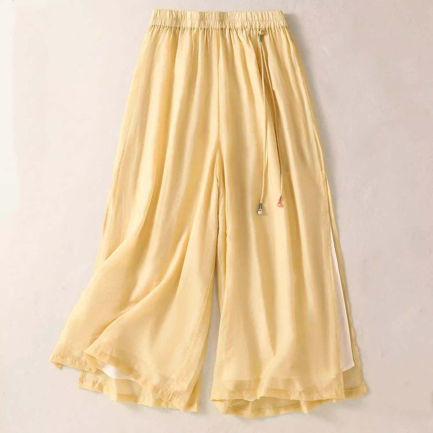Women Casual Ethnic Style Drapey Cotton and Linen Wide-Leg Pants