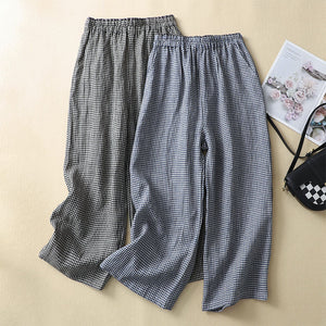 Women Casual Linen Plaid Elastic Waist Wide Leg Straight Pants