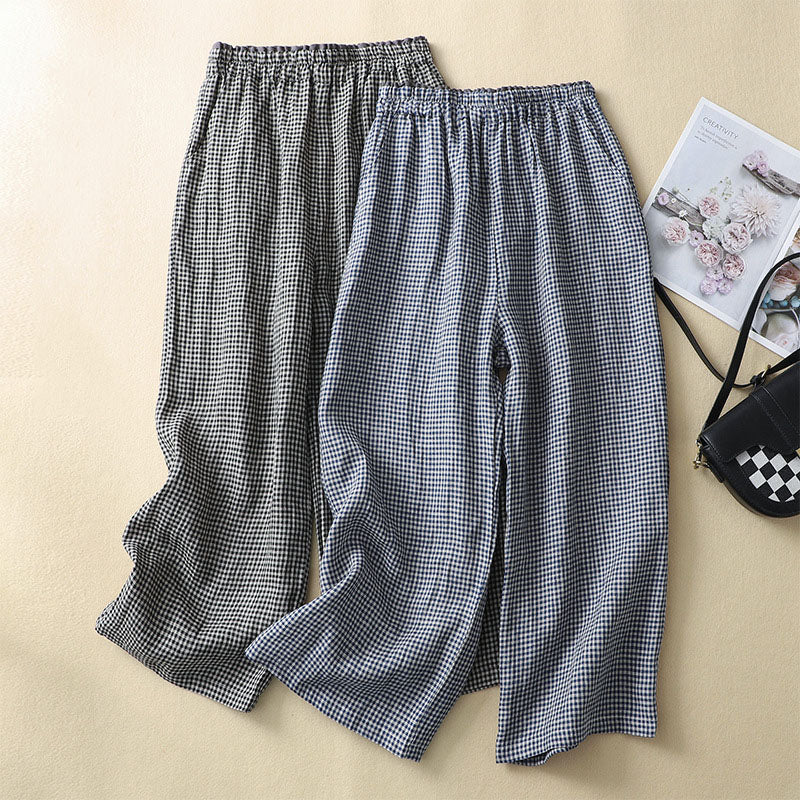 Women Casual Linen Plaid Elastic Waist Wide Leg Straight Pants