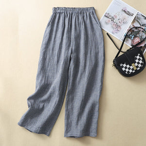 Women Casual Linen Plaid Elastic Waist Wide Leg Straight Pants