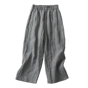 Women Casual Linen Plaid Elastic Waist Wide Leg Straight Pants