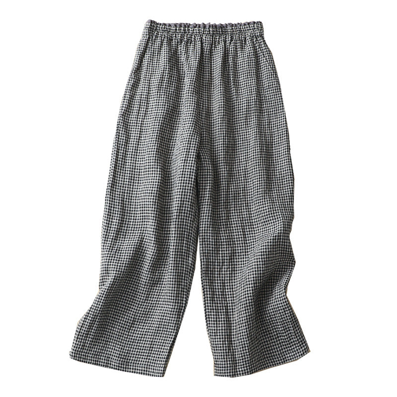 Women Casual Linen Plaid Elastic Waist Wide Leg Straight Pants