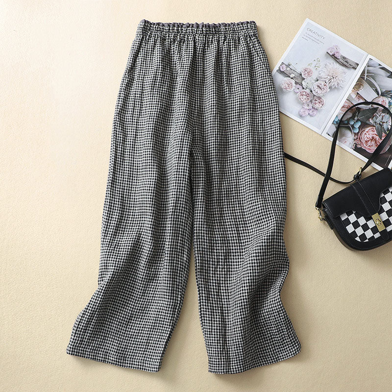 Women Casual Linen Plaid Elastic Waist Wide Leg Straight Pants