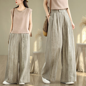 Women Casual Loose Solid Color Linen and Cotton Elastic Waist Wide Leg Pants