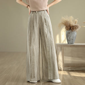 Women Casual Loose Solid Color Linen and Cotton Elastic Waist Wide Leg Pants