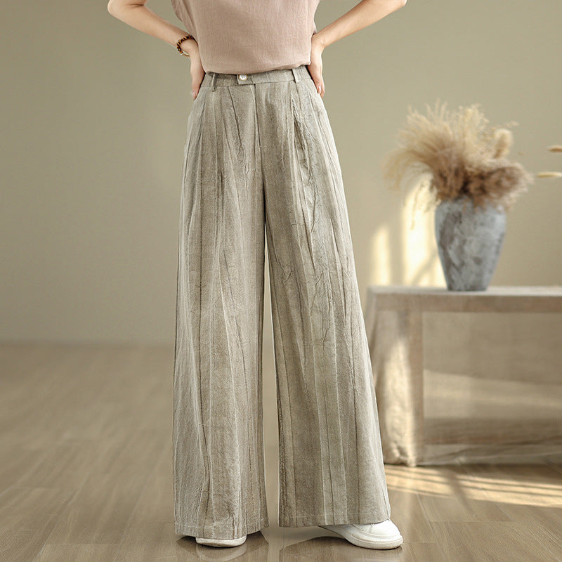 Women Casual Loose Solid Color Linen and Cotton Elastic Waist Wide Leg Pants