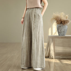 Women Casual Loose Solid Color Linen and Cotton Elastic Waist Wide Leg Pants
