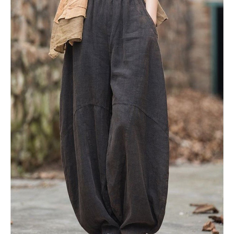Women Casual Ramie Loose Cotton Linen Comfortable Mid-waist Wide Legs Pants