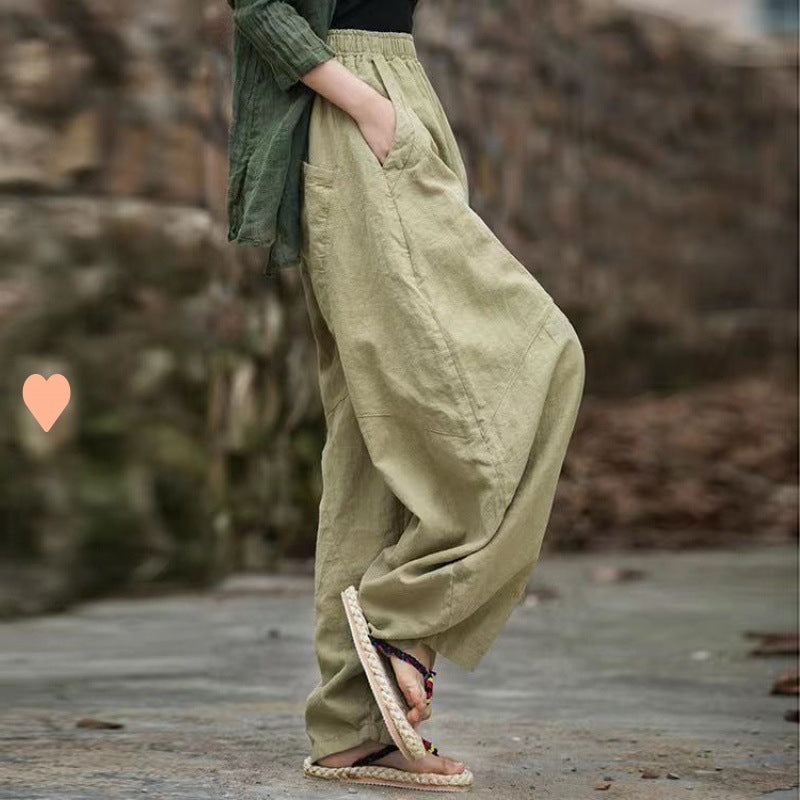 Women Casual Ramie Loose Cotton Linen Comfortable Mid-waist Wide Legs Pants