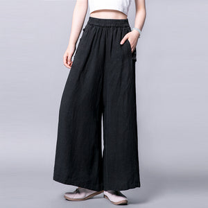 Women Casual Solid Color Wide-leg Mid-waist Cotton And Linen Pants 