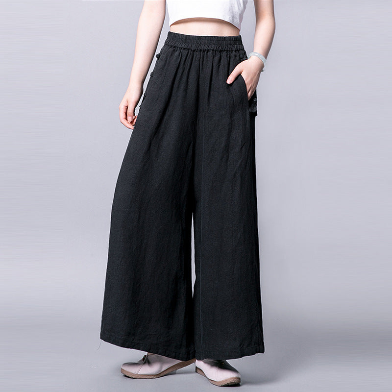 Women Casual Solid Color Wide-leg Mid-waist Cotton And Linen Pants 