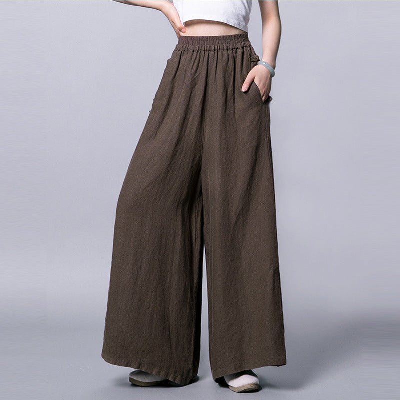 Women Casual Solid Color Wide-leg Mid-waist Cotton And Linen Pants 