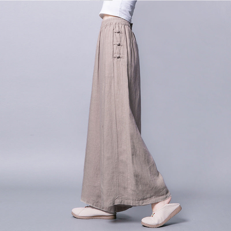 Women Casual Solid Color Wide-leg Mid-waist Cotton And Linen Pants 