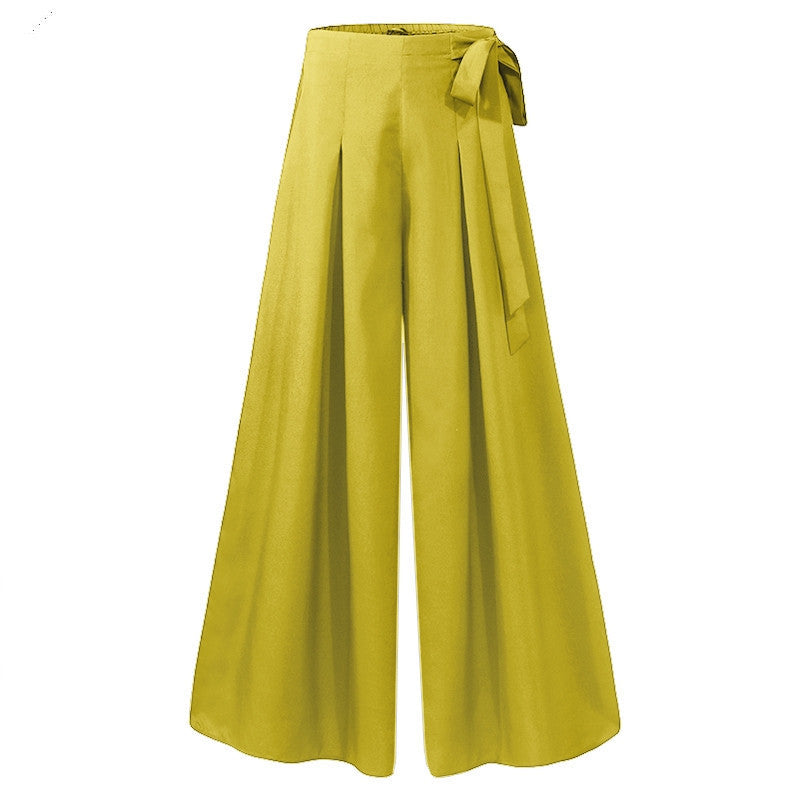 Women Casual Style Acrylon Solid Color Lace-Up High Waisted Wide-Leg Pants