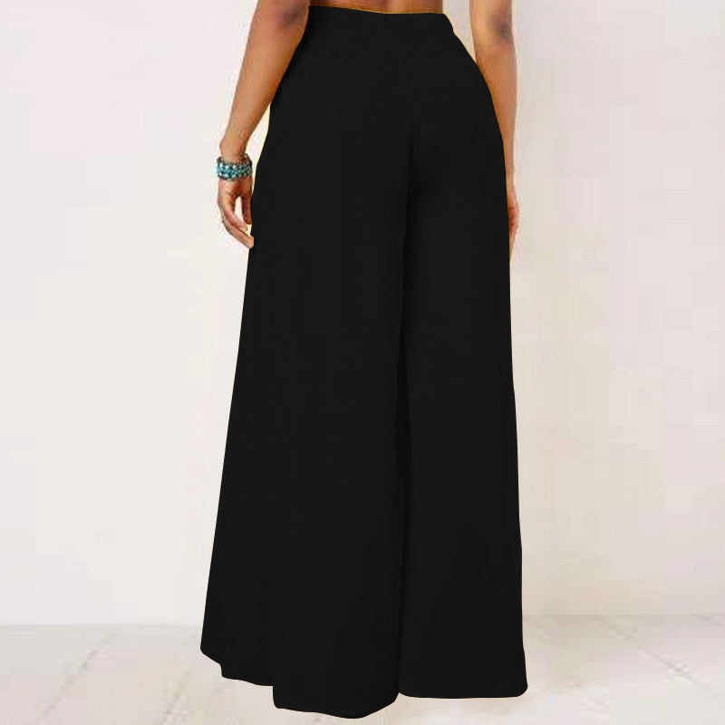 Women Casual Style Acrylon Solid Color Lace-Up High Waisted Wide-Leg Pants