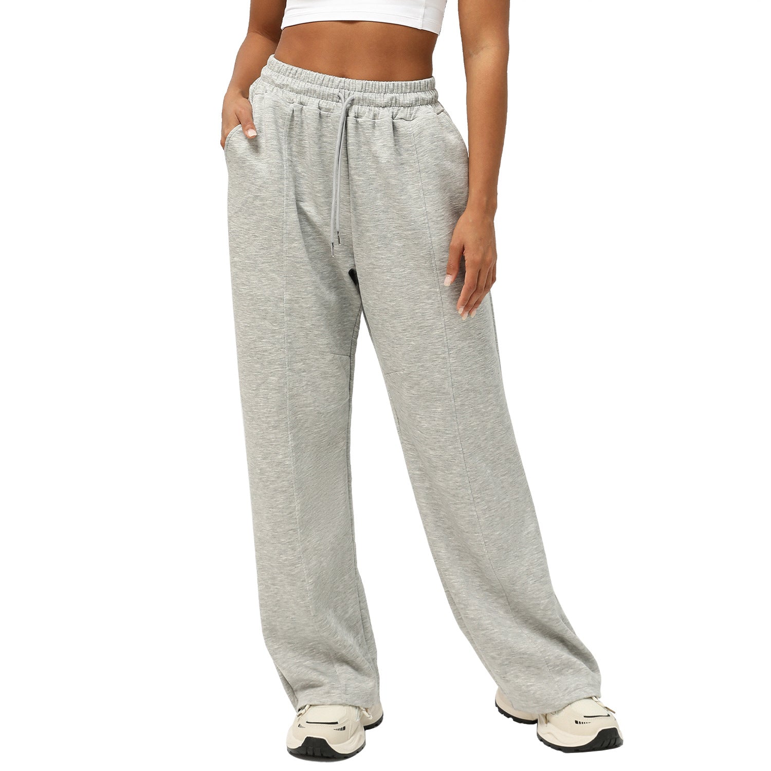 Women Casual Style Solid Color Cotton  High Waist Lift Hip Straight Pants