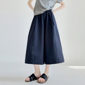 Women Casual Washed Cotton High-waisted Wide-leg Capri Pants