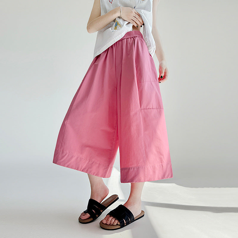 Women Casual Washed Cotton High-waisted Wide-leg Capri Pants