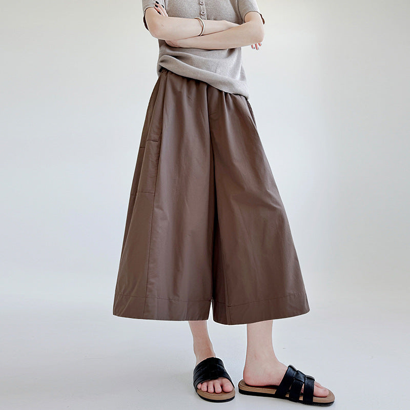 Women Casual Washed Cotton High-waisted Wide-leg Capri Pants