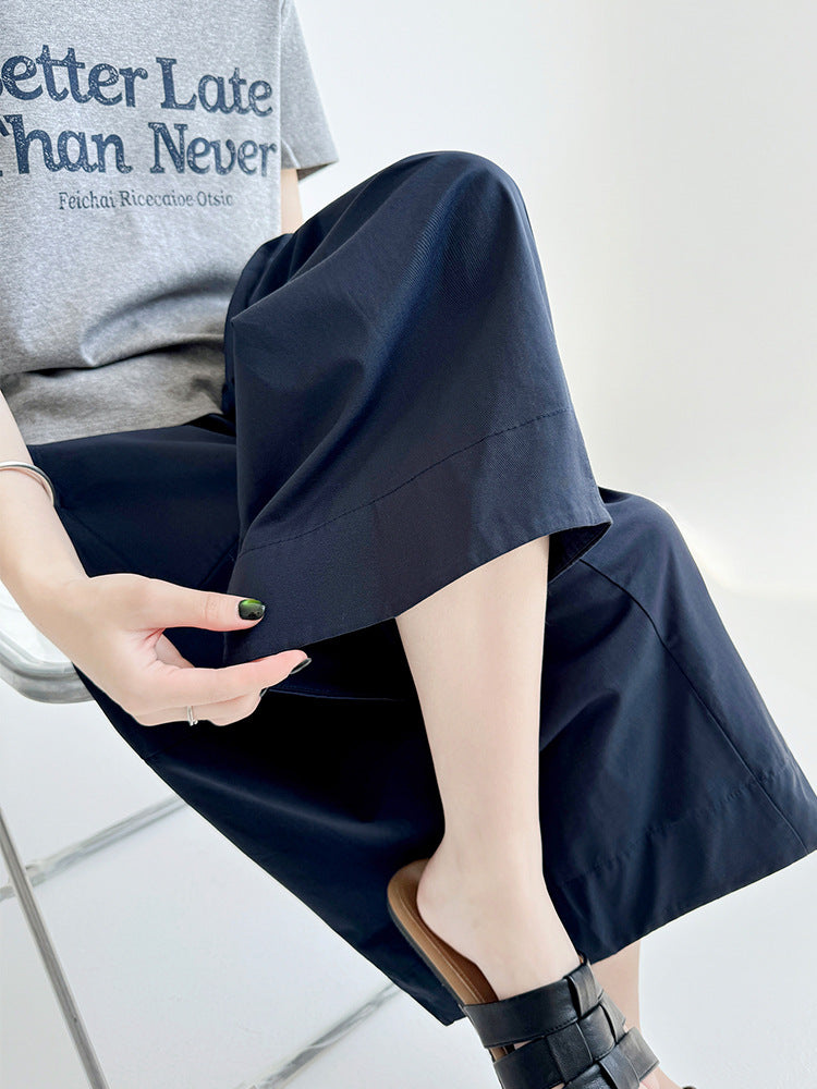 Women Casual Washed Cotton High-waisted Wide-leg Capri Pants