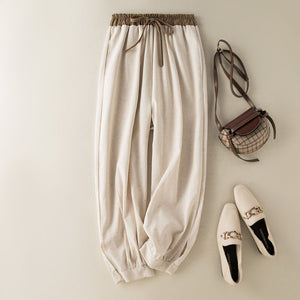 Women Cotton and Linen Casual Lace-Up Elastic Waist Harem Pants
