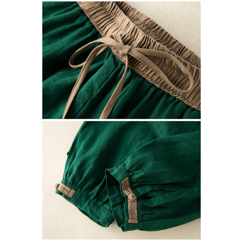 Women Cotton and Linen Casual Lace-Up Elastic Waist Harem Pants