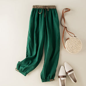 Women Cotton and Linen Casual Lace-Up Elastic Waist Harem Pants