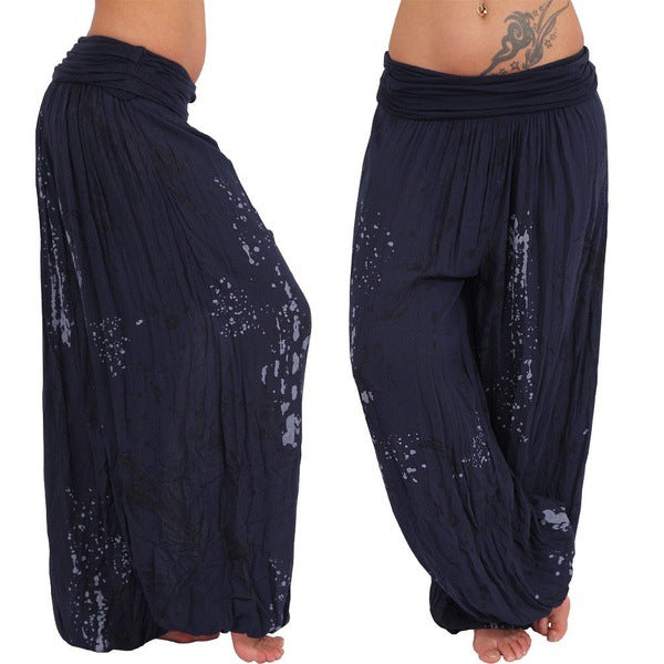 Women Ink And Wash Printing Casual Cotton Lace-up Loose Wide-leg Harem Pants