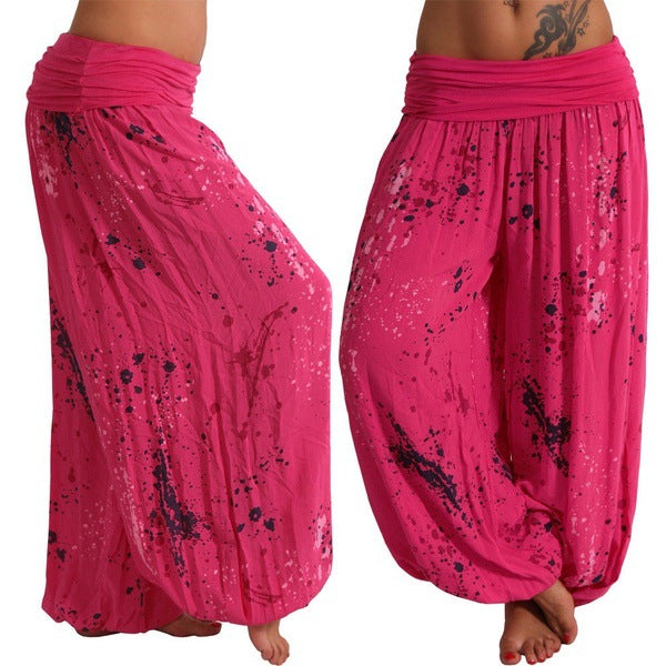 Women Ink And Wash Printing Casual Cotton Lace-up Loose Wide-leg Harem Pants