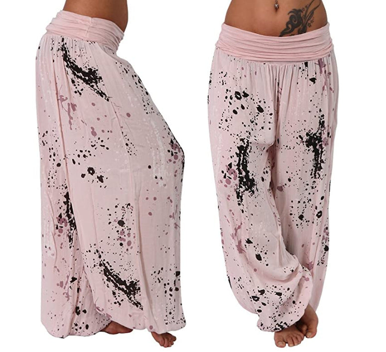 Women Ink And Wash Printing Casual Cotton Lace-up Loose Wide-leg Harem Pants