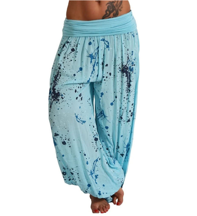 Women Ink And Wash Printing Casual Cotton Lace-up Loose Wide-leg Harem Pants