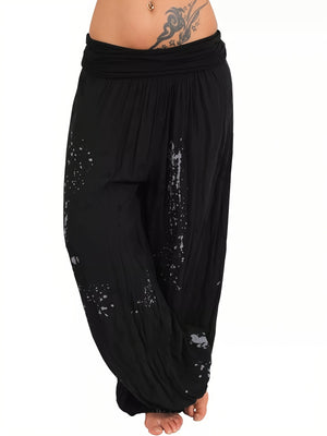 Women Ink And Wash Printing Casual Cotton Lace-up Loose Wide-leg Harem Pants