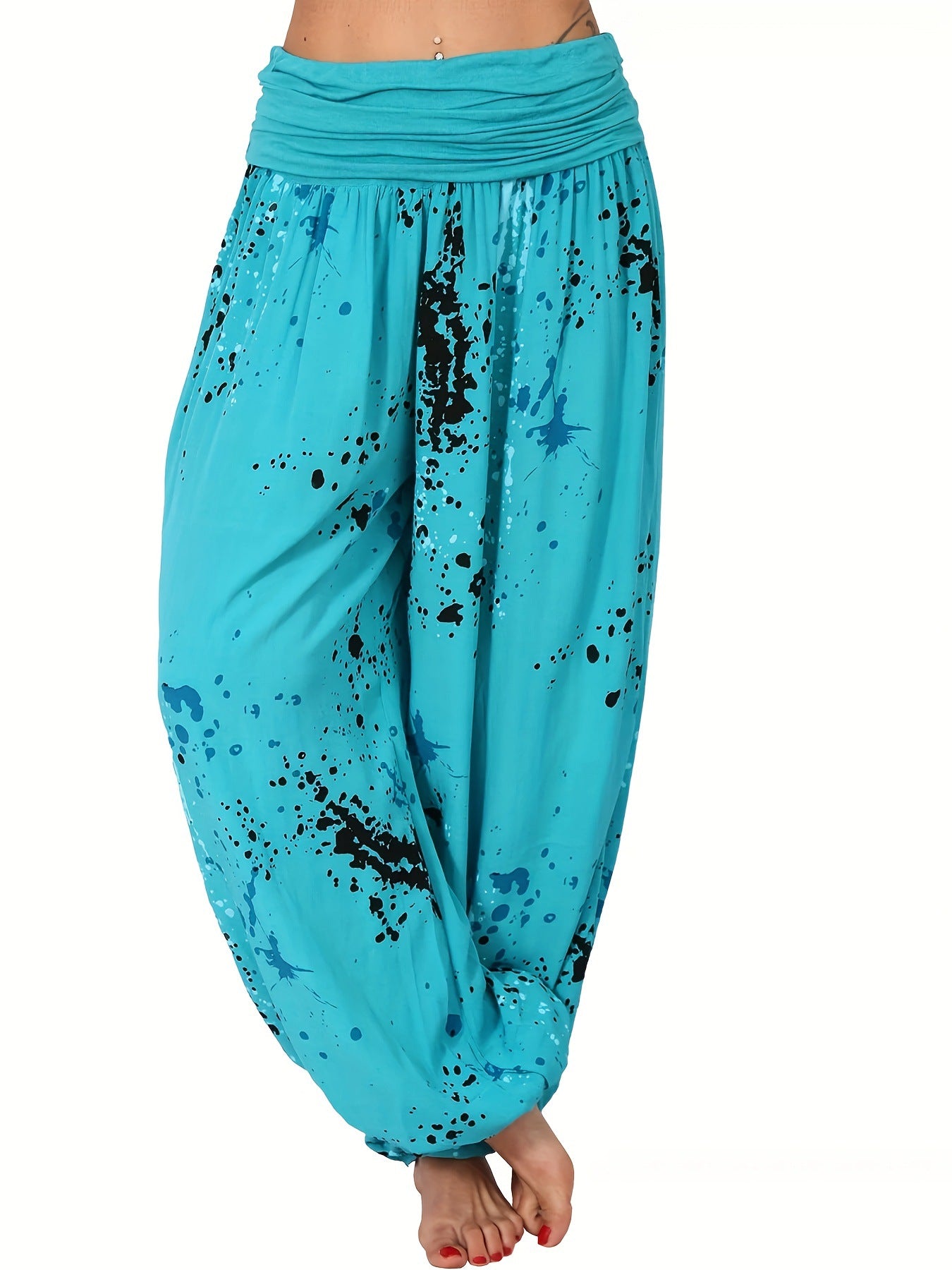 Women Ink And Wash Printing Casual Cotton Lace-up Loose Wide-leg Harem Pants