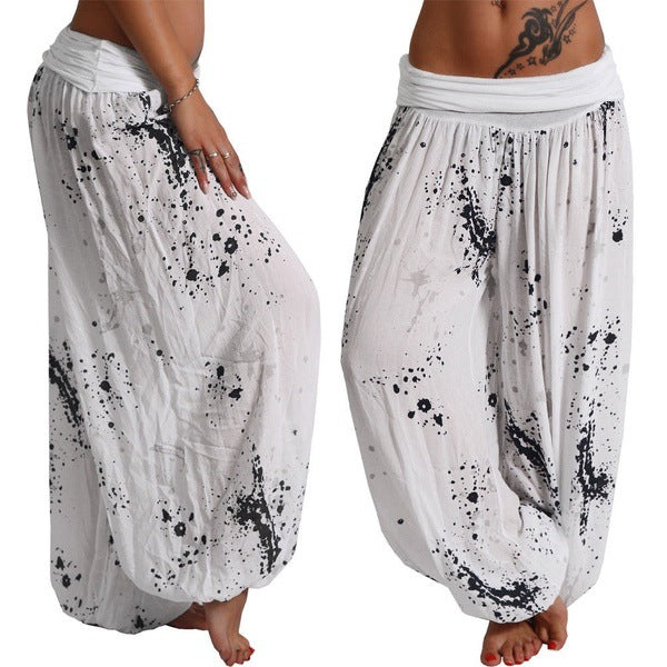 Women Ink And Wash Printing Casual Cotton Lace-up Loose Wide-leg Harem Pants