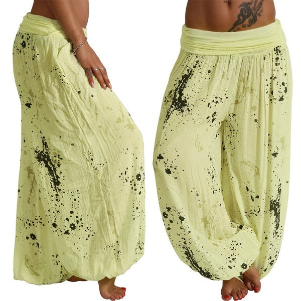 Women Ink And Wash Printing Casual Cotton Lace-up Loose Wide-leg Harem Pants