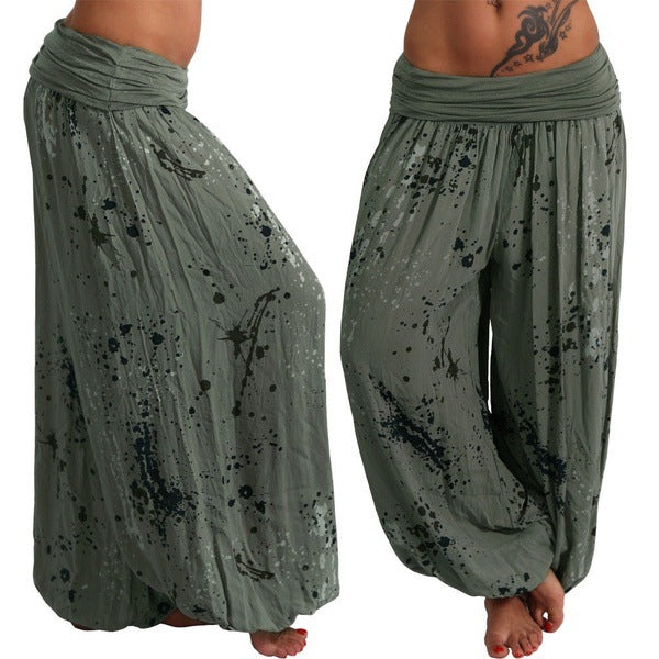 Women Ink And Wash Printing Casual Cotton Lace-up Loose Wide-leg Harem Pants