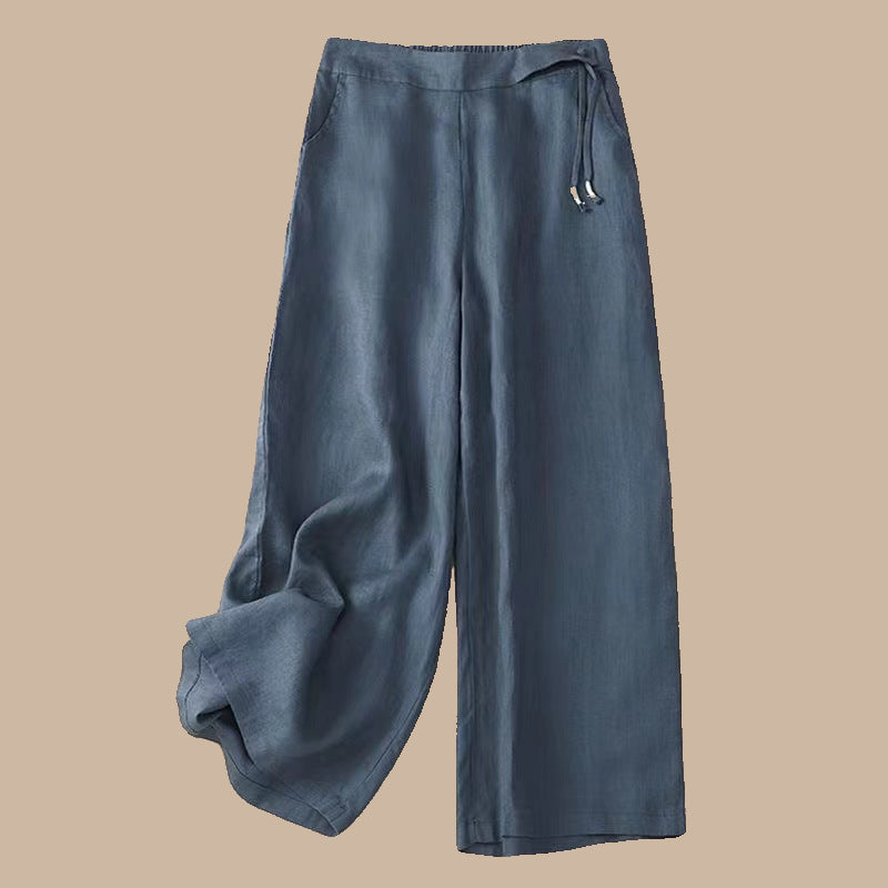 Women Retro Style Cotton and Linen Solid Color High Waist Wide-leg Pants