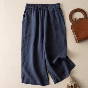 Women Seven Solid Color Loose Retro Casual Linen Wide-Leg Pants