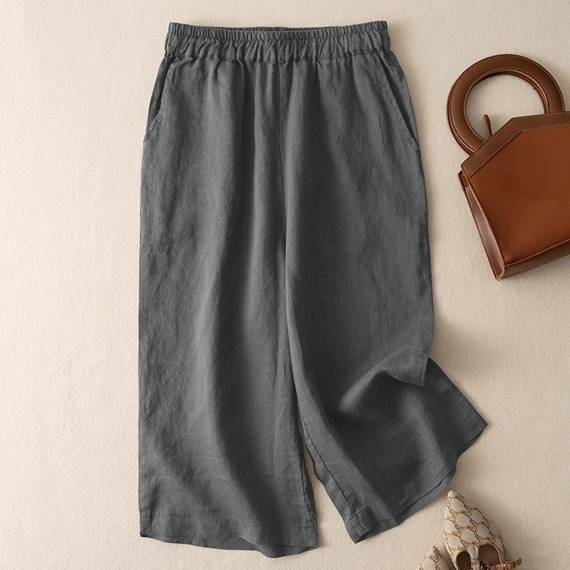 Women Seven Solid Color Loose Retro Casual Linen Wide-Leg Pants